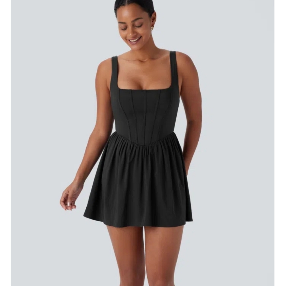 HALARA Square Neck Corset Style 2-in-1 Pocket Quick Dry Mini Dress. Sport Casual